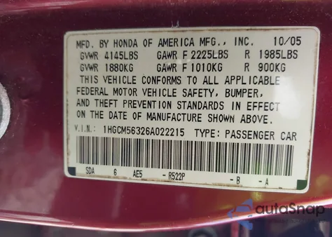 2006 Honda Accord 2.4 Se from USA, damaged, VIN 1HGCM56326A022215
